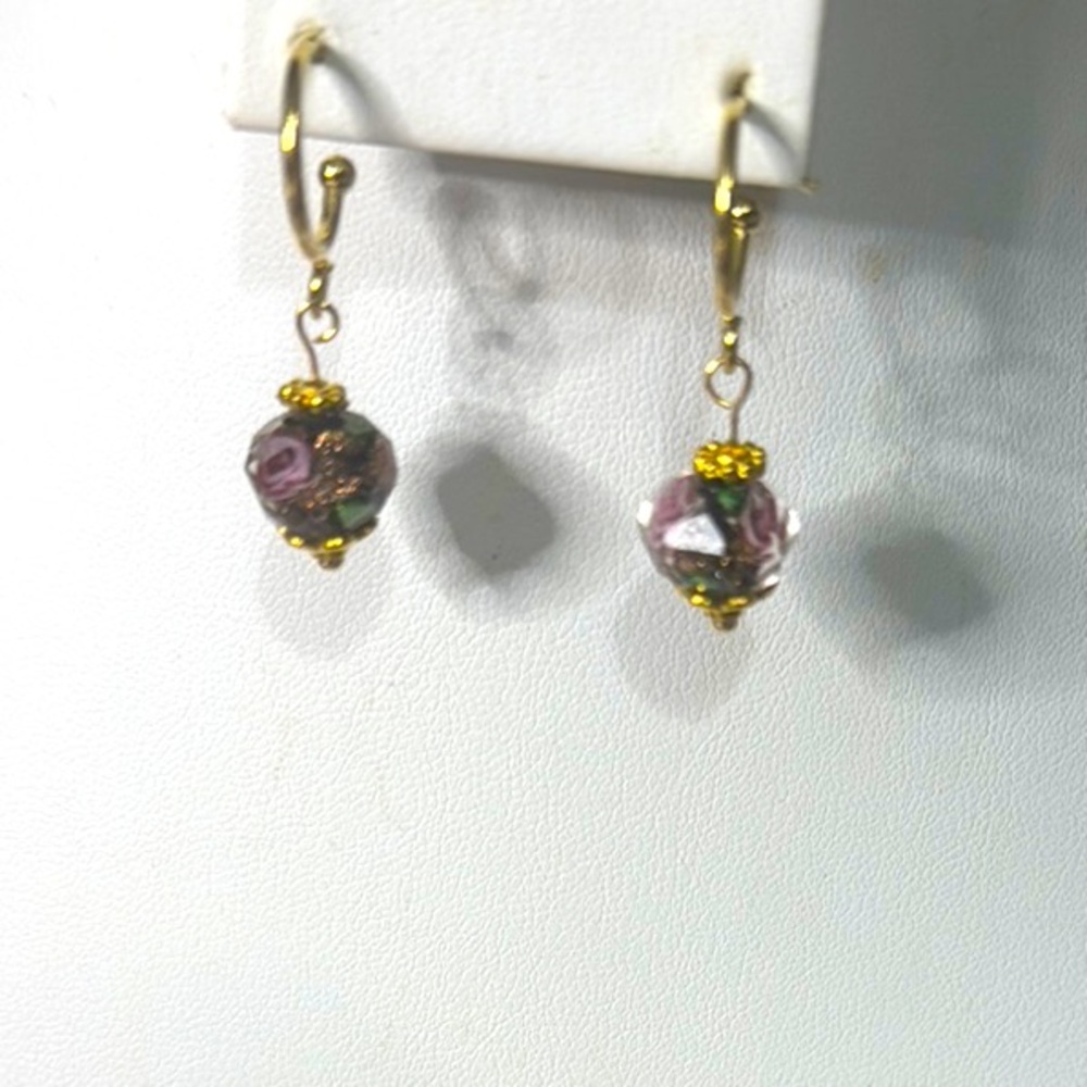 Artisan Purple and Gold Lampwork Necklace with Elegant Inner Flower Design Set - Picture 2 of 5